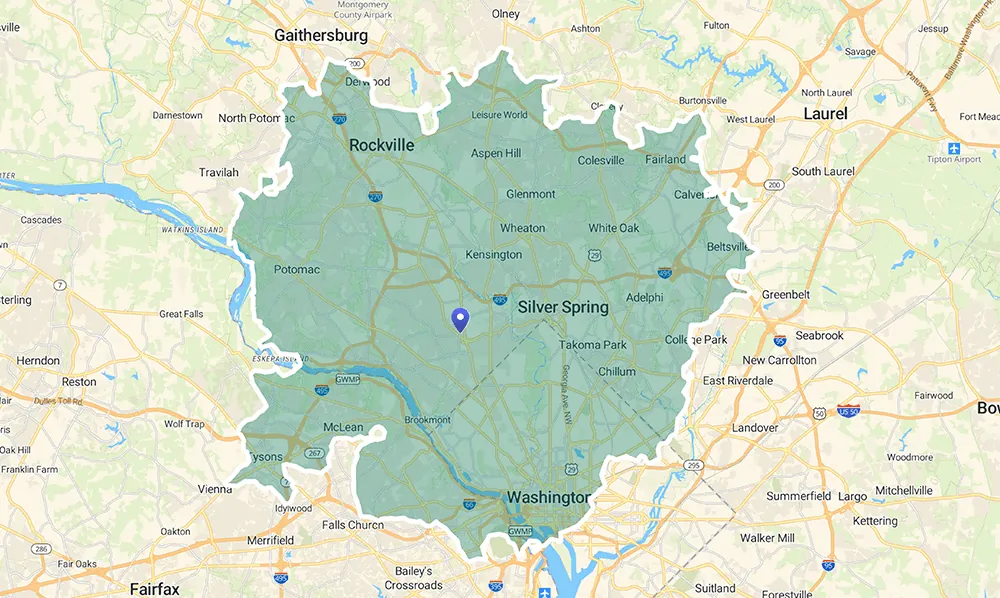 Rollins Family Dog Training Service Area Map showing a 30 minute driving radius from downtown Bethesda